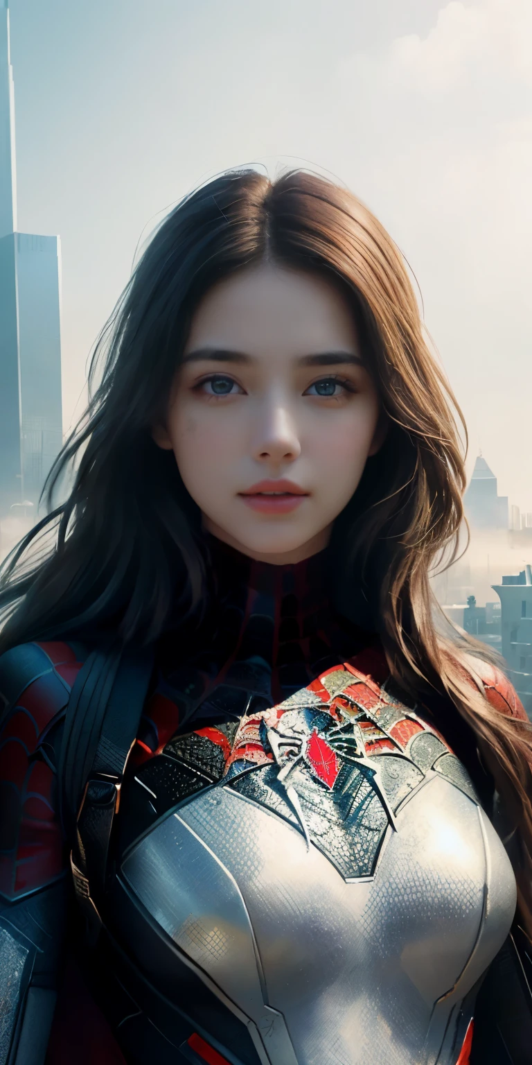 (1girl:1.3), Solo, (((Very detailed face)))), ((Very detailed eyes and face)))), Beautiful detail eyes, Body parts__, Official art, Unified 8k wallpaper, Super detailed, beautiful and beautiful, beautiful, masterpiece, best quality, original, masterpiece, super fine photo, best quality, super high resolution, realistic realism, sunlight, full body portrait, amazing beauty, dynamic pose, delicate face, vibrant eyes, (from the front), She wears Spider-Man suit, red and black color scheme, spider, very detailed city roof background, rooftop, overlooking the city, detailed face, detailed complex busy background, messy, gorgeous, milky white, highly detailed skin, realistic skin details, visible pores, clear focus, volumetric fog, 8k uhd, DSLR, high quality, film grain, fair skin, photo realism, lomography, futuristic dystopian megalopolis, translucent