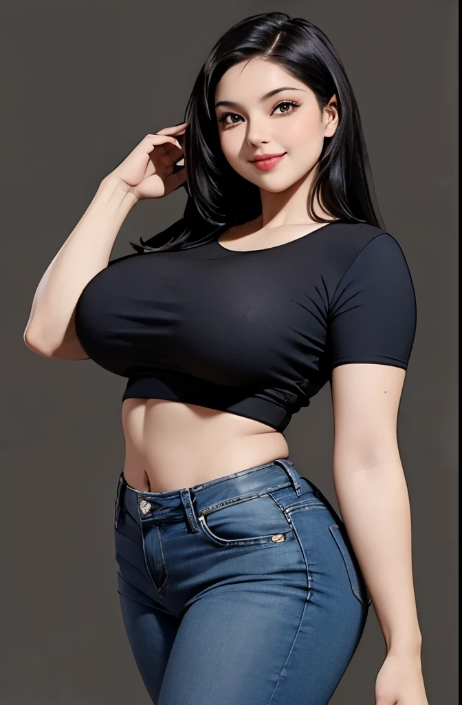 (best quality, masterpiece:1.2), Sketch full view of a hot looking fair skin 29 year old woman standing in front of us. She has brown eyes and long straight black hair. She has big breasts, playful smile. She has a nice curvy physique. She is wearing a crop top and lowrider jeans. Apartment background. Shading. Lighting. Dynamic pose.