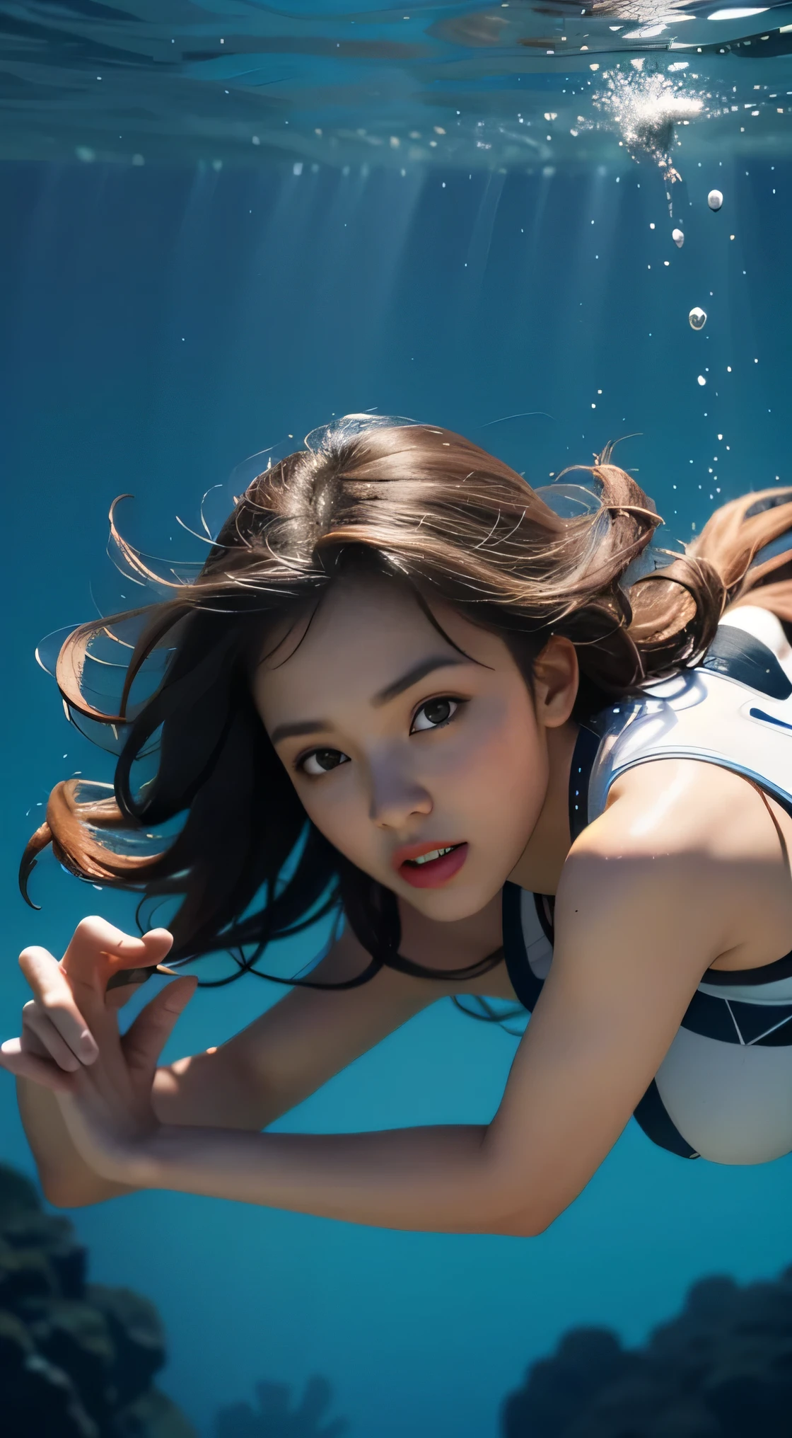 Solo, Deep Sea, Coral Reef, Dive, White Wetsuit, Flippers, Weightlessness, ((Best Quality, 8k, Masterpiece: 1.3)), One Woman, Long Hair, Underwater Photography, Underwater Perspective, Underwater Perspective, Underwater Floating, Breaststroke, Cleavage, Sleeveless