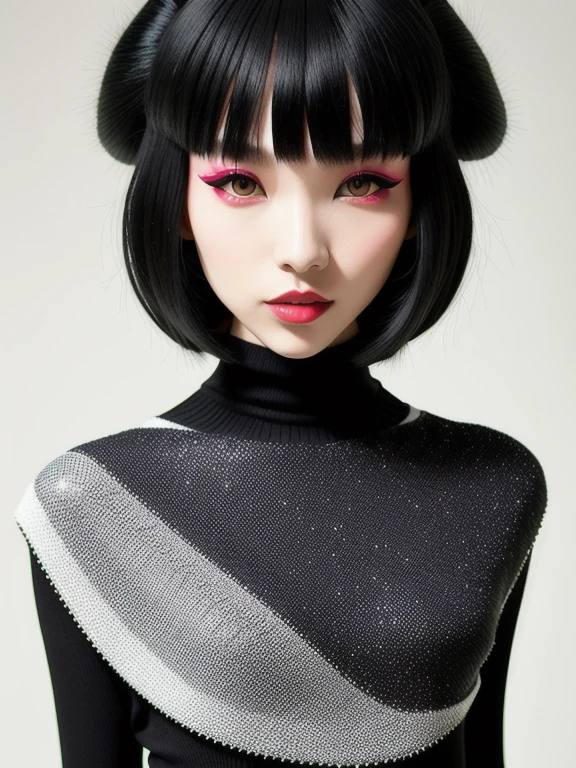 details, skin details, glitter, makeup generate a knitwear design inspired by Yohji Yamamoto's aesthetic "Introducing the 'Avant-Garde Oasis' knitwear piece, inspired by Yohji Yamamoto's avant-garde spirit. This statement sweater features a bold, asymmetrical silhouette with a blend of textures and patterns. The main body is very feminine. more realistic more cinematic. monochrome mix with pop art. handmade plz