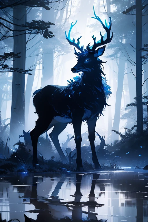 a spectral deer in a dark florest, river, reflection, muss, blue spectral, fog, beautiful horns, four paws, intricate, amazing view, mysterous, deer in the edge of a river, mediaval fantasy, dark fantasy style, (Abstract art:1.6), (Delicate images), (Highly detailed), (high resolution), (Best quality), (masterpiece)