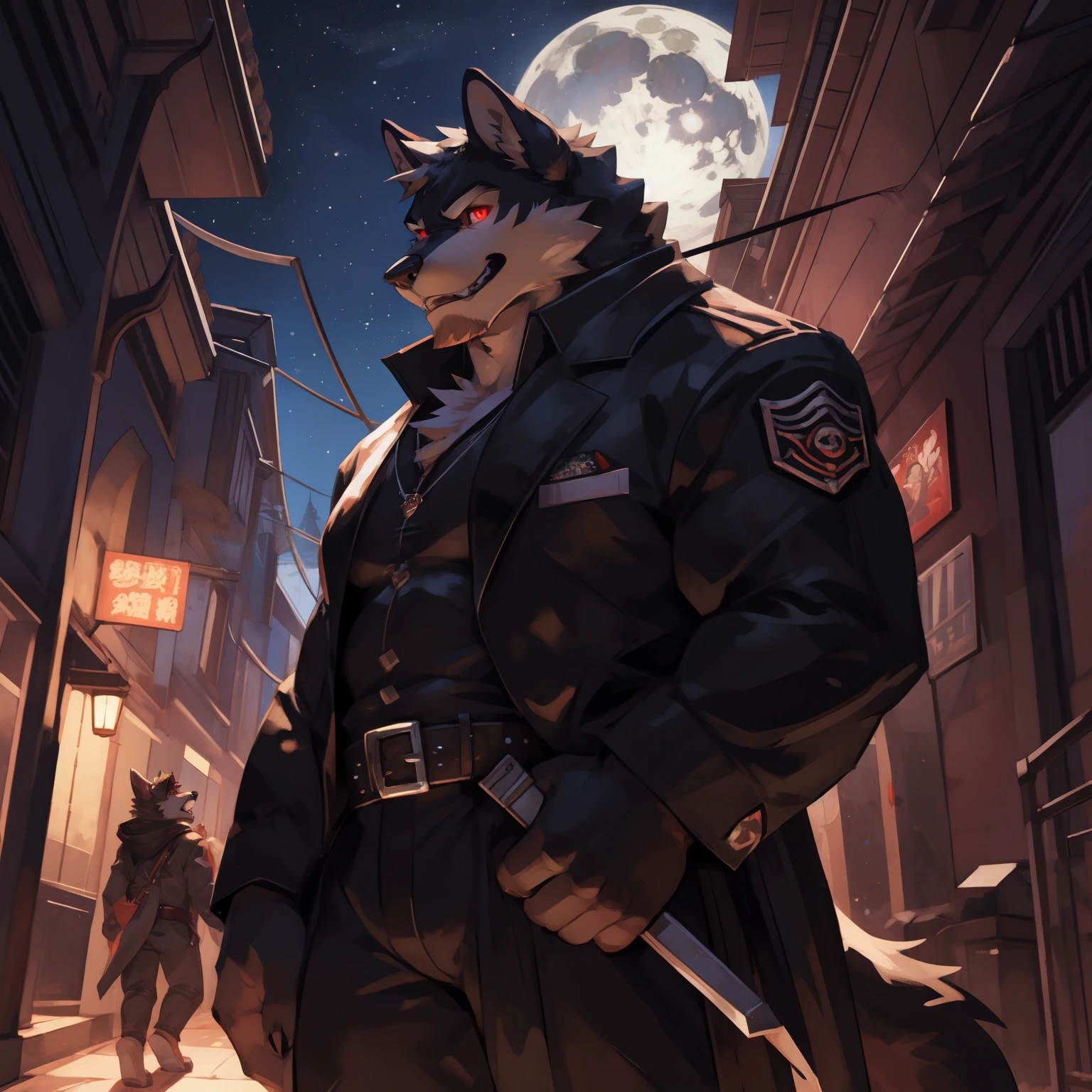 alone, male, through dark gems, by mystikfox61, author:flash trap boy, author:enro the mutt, by juice, permanent, canine, white fur, Red eyes, glowing eyes, muscular, huge, High, powerful, Strong, shallow, Wide, Thick, huge二头肌, huge pecs, fear,monster,intimidating,Holding a huge bloody butcher knife,demon,nightmare,Grimly,teeth, fangs, giggle, rape face, expression, tentacle,(((black suit))), Black dress pants, alley, night, moon, dramatic lighting, Star
