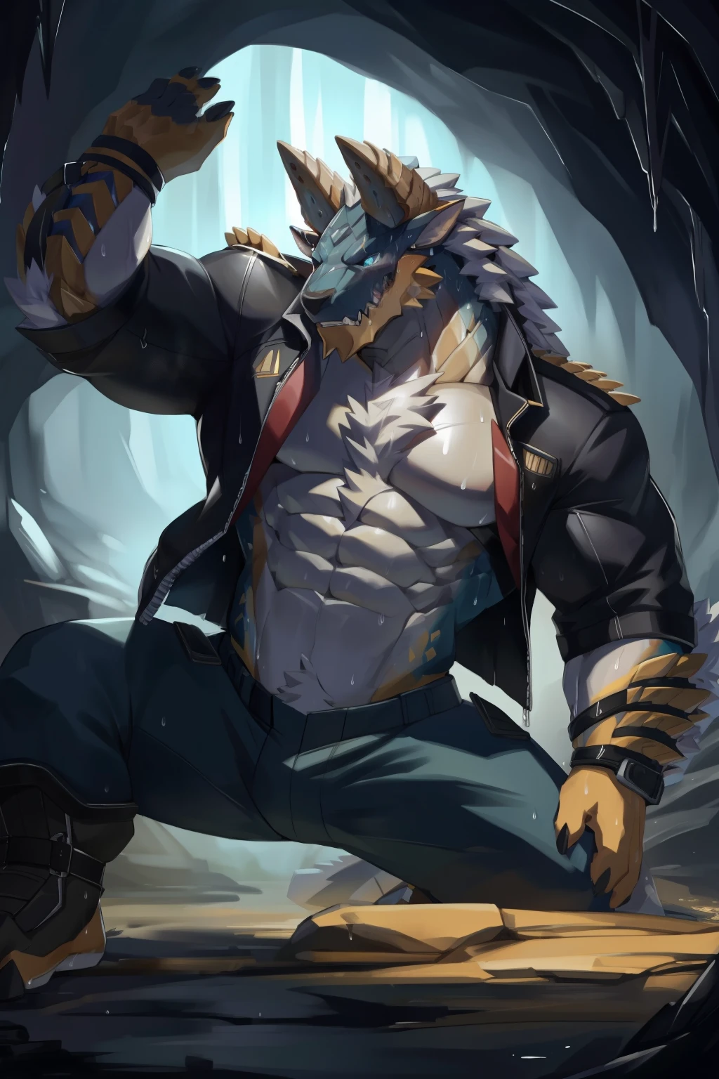 muscular male anthropomorphic german shepherd, Open chest, black leather jacket, black leather harness, police badge, black leather pants, black leather boots, black hair on the body, by the tan on the body, light brown fur on the body, barebody, Big and low naked balls, the big excited and cumming penis comes out like a shot and a white goo runs down the top of the penis head huge erection, lit cigar in mouth, black leather collar, silver chain, extremely detaild, rippling muscles, Robust and intimidating, (body in focus)