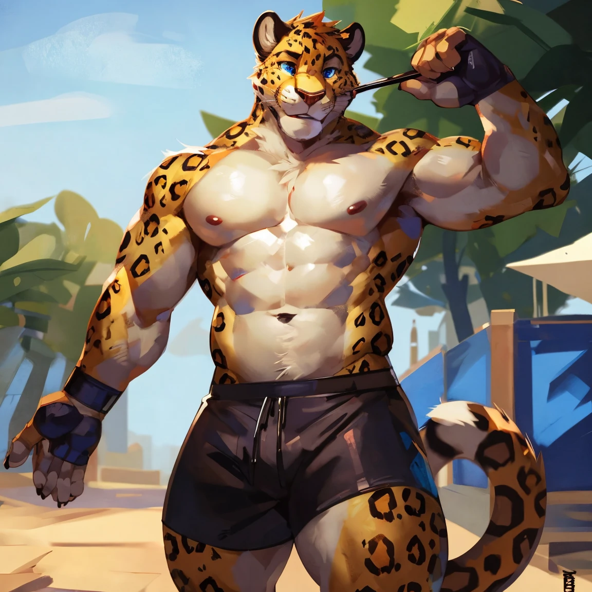 Medium muscular, leopard, eyes, blue eyes, perfect eyes, shirtless, in black shorts, By mystikfox61