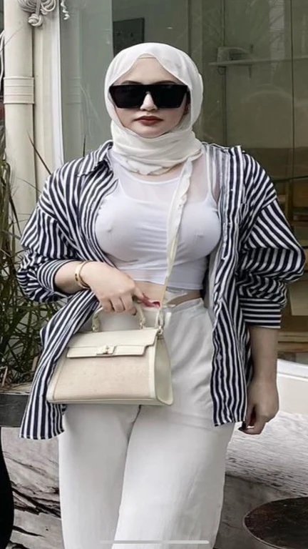 keep image ratio, multilayered outfit, wearing stripe shirt as an open jacket, wearing white tank top under jacket, white hijab, sexy, cropped white tank top with stripe shirt as open jacket, big , nipple pointing through white tank top, beautiful woman, seducing pose