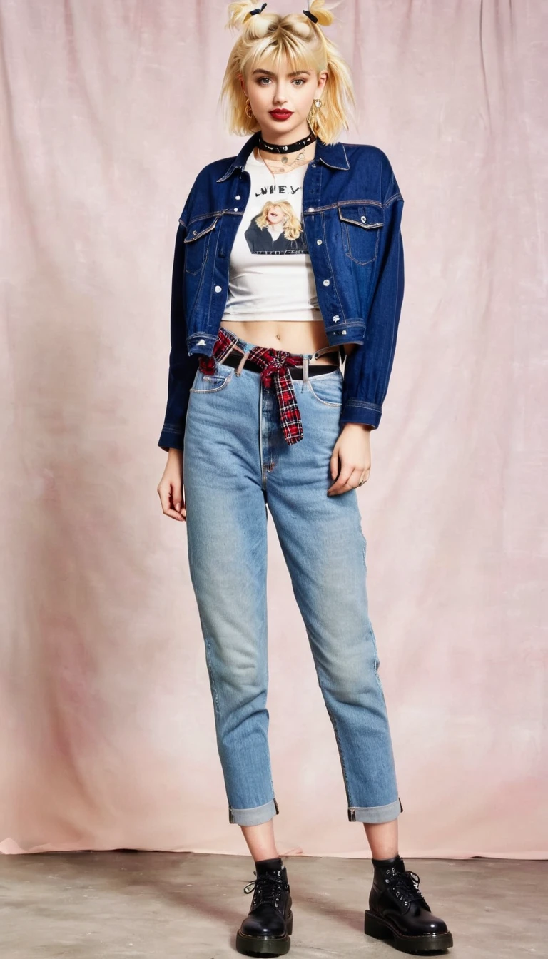 Girl with short blonde hair wear a pair of high-waisted jeans paired with a cropped graphic tee or a plaid button-up shirt tied at the waist. Layering with a denim jacket or a flannel shirt would add to her look. Complete the outfit with some chunky sneakers or Doc Martens, and accessorize with scrunchies or a choker necklace for a touch of '90s flair.