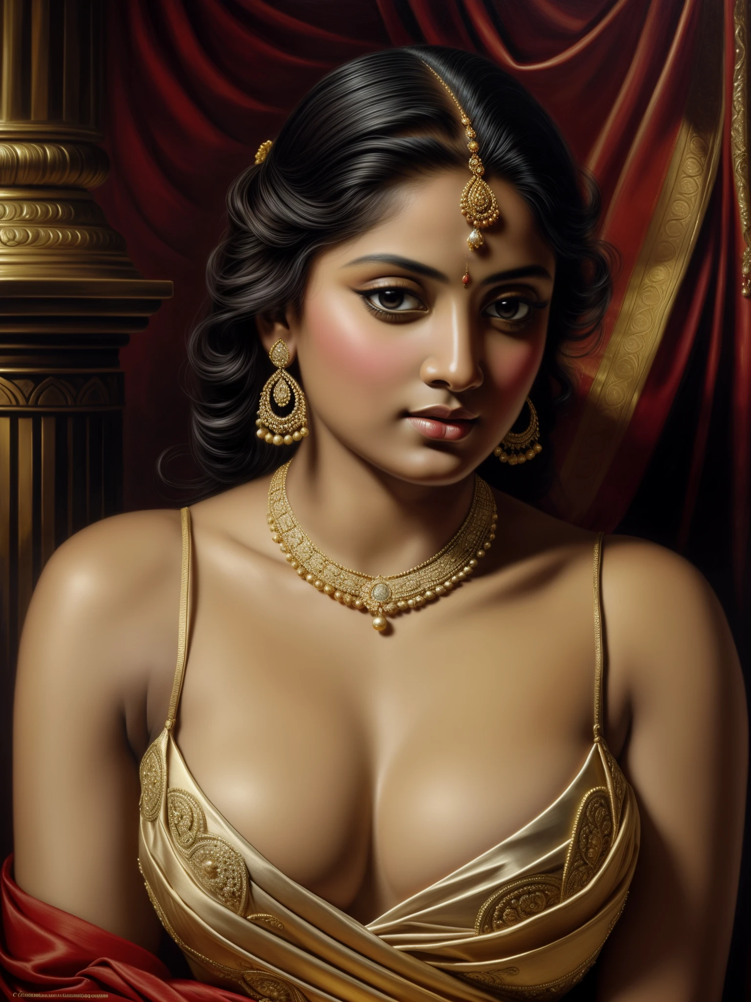 Beautiful Indian Woman, wearing saree, sari Beauty, gorgeous, Apsara, Maharani, royal queen woman, nymph from Hindu Mythology, Urvashi, matchless beauty, Highly detailed, Oil Painting by Peter Paul Rubens inspired by Raja Ravi Varma, Matchless beauty, captivating, gorgeous, heavenly beauty, celestial beauty, by Peter Paul Rubens, 13, realistic, hyper realistic, micro details, incredible artwork, insane details, ultra High resolution, 8k, 32k,  acrylic on canvas, intricate, flawless, detailed, detailed face, detailed eyes, masterpiece, by Peter Paul Rubens, by Caravaggio, by William Adolphe bouguereau, perfect face, perfect body, beautiful art, realism, baroque, renaissance Art, highly textured, beautiful and detailed eyes, uhd, best quality,