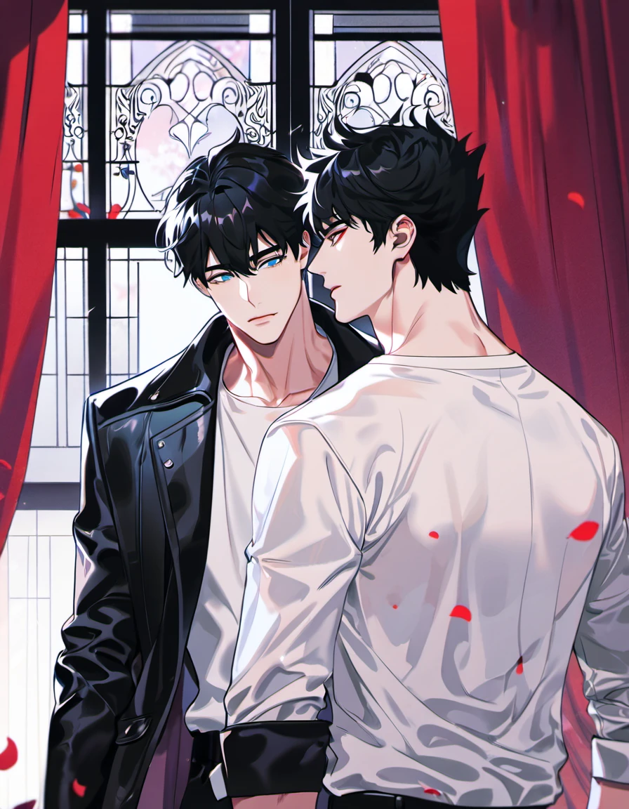 absurdres, highres, ultra detailed, HDR, masterpiece, Sung Jin Woo, black hair, epressive blue eyes, Solo Leveling, Ren Zotto, vtuber, black hair, expressive red eyes, 2men together, gay couple, handsome, black leather jacket, white shirt, window, curtains, petals