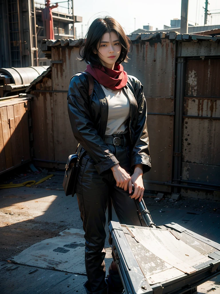 Women, Mikasa Ackerman, (Black Hair:1.3), hair between the eyes, Short Hair Hair, sideburns, grey eyes, round cheeks, kawaii, smiling sweetly, Shy, large , red and black scarf, Top nude, Brown jacket inside, white shirt with open chest., holding a large blade in hand, lifelike, Attack on titan, standing on the roof of the house, sunrays, diffused lighting, Clear skies, The background is a large, wide and long wall., decoration, Marvel, master-piece, 8K