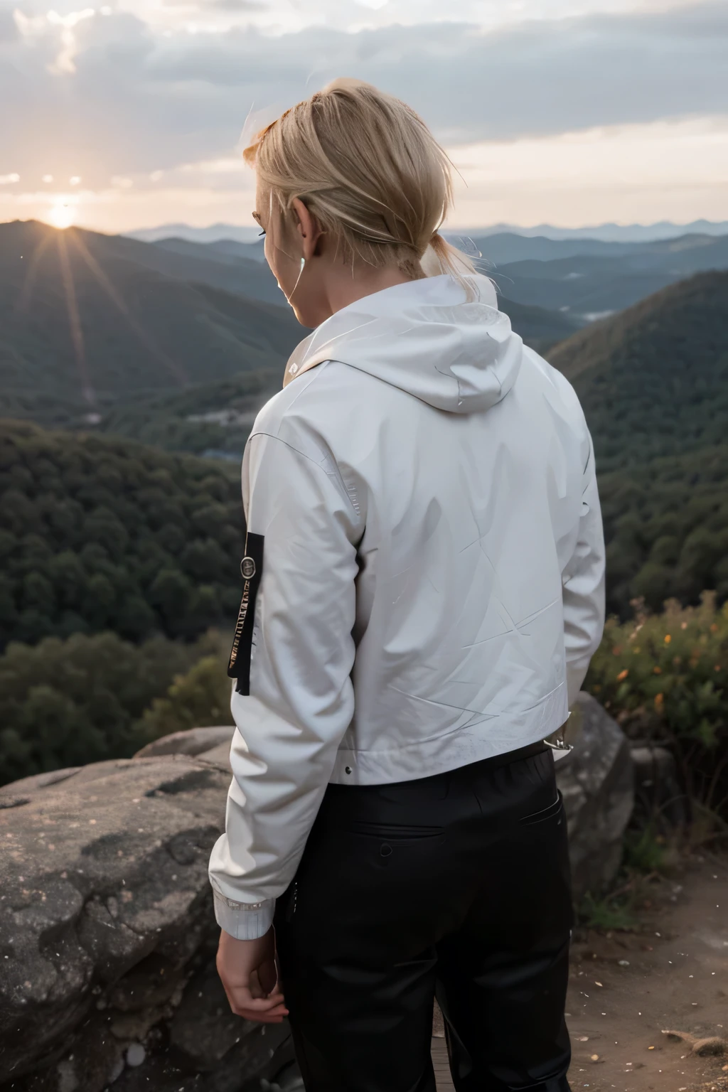 A 16-year-old boy with medium-sized pale yellow hair, white skin and hairless, wearing a black leather jacket with black linen pants and black boots, standing on a mountain with angel wings on the back of his jacket. The forest and the sun are setting.who is wearing a white hoodie under a leather jacket on her head
The boy's face is not clear
(The photo is from the back of the head)