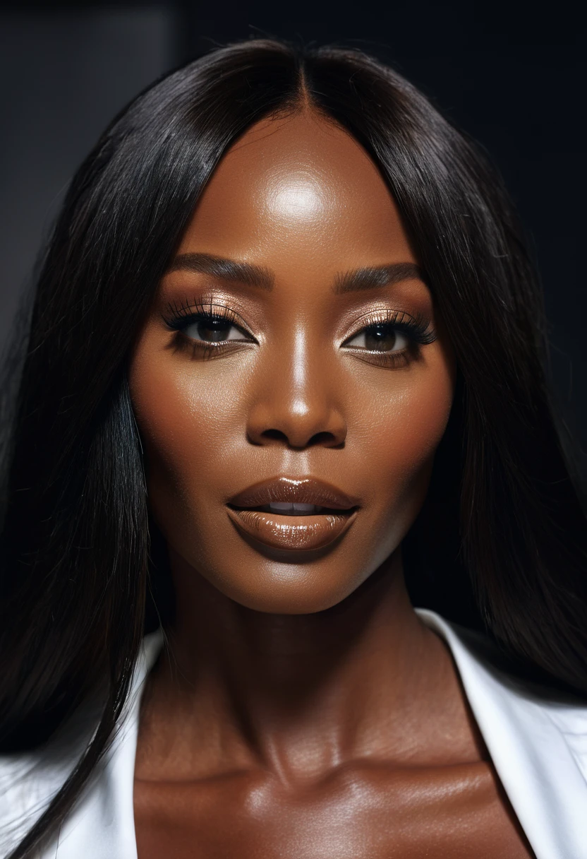 Hyperrealistic close-up photo of Naomi Campbell, chef-d&#39;artwork, best quality, (photorealistic:1.4), portrait photo, pull col roulé noir, nuit dans le salon, au cours de la nuit, Nuit noire, pendant la nuit, cinematic light, belle femme, maigre, seins moyens, cheveux longs noirs,  Detailed face, photo prise de loin, age 14