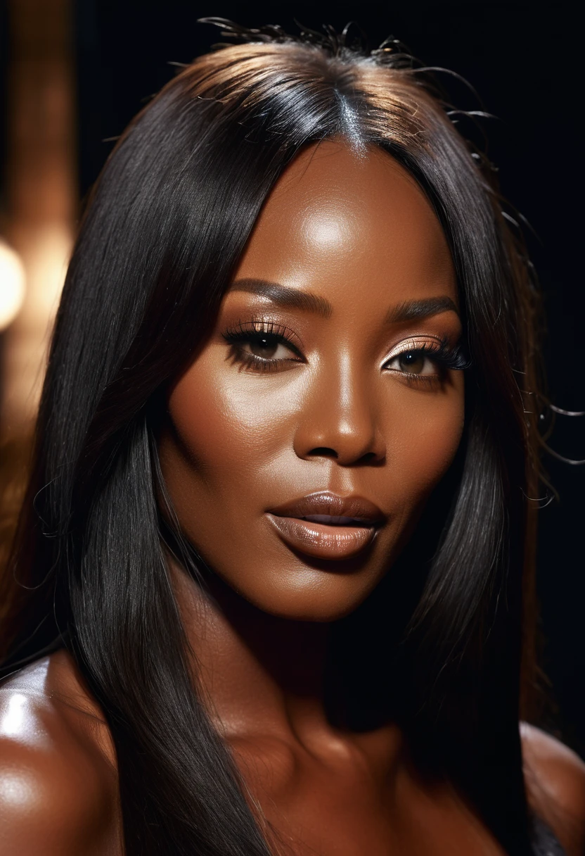 Hyperrealistic close-up photo of Naomi Campbell, chef-d&#39;artwork, best quality, (photorealistic:1.4), portrait photo, pull col roulé noir, nuit dans le salon, au cours de la nuit, Nuit noire, pendant la nuit, cinematic light, belle femme, maigre, seins moyens, cheveux longs noirs,  Detailed face, photo prise de loin, 