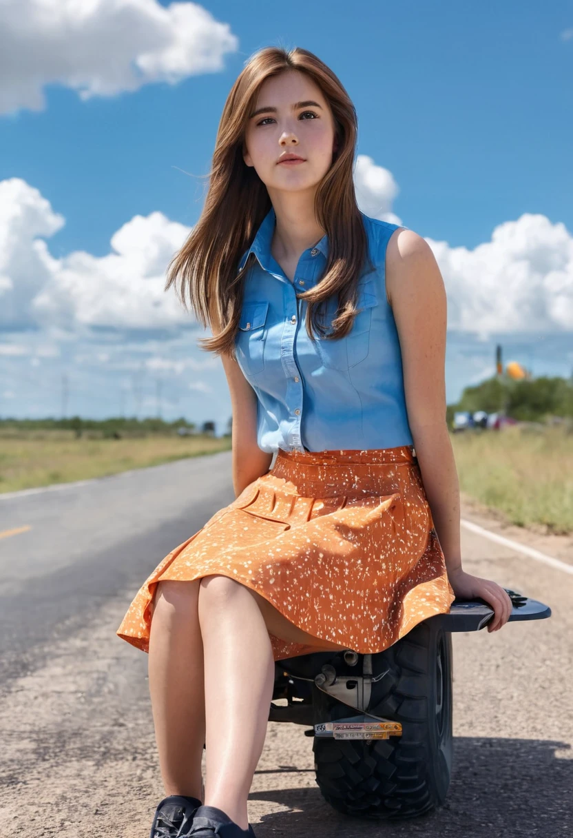 1girl, solo, long hair, looking at viewer, skirt, brown hair, shirt, sitting, outdoors, sky, sleeveless, day, cloud, blue sky, blue skirt, ground vehicle, motor vehicle, realistic, road, orange shirt