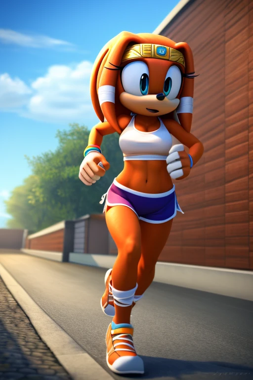 Masterpiece, high quality, studio quality, intricate details, 4k, 1girl, Tikal the Echidna, bare midriff, big breasts, white sports bra, daytime, jogging, ((best quality)), ((masterpiece)), (detailed)