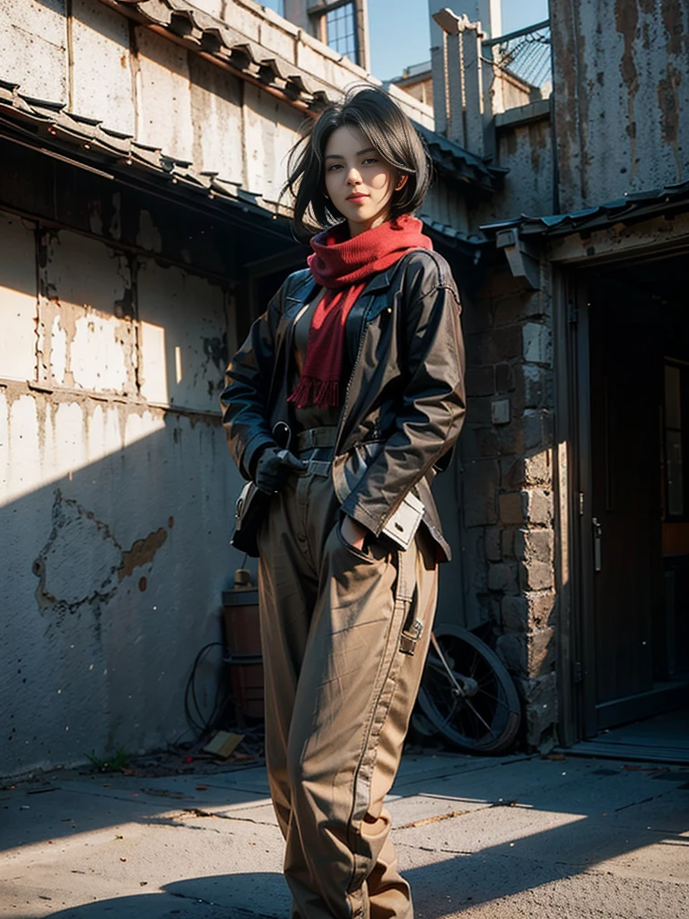 Women, Mikasa Ackerman, (Black Hair:1.3), hair between the eyes, Short Hair Hair, sideburns, grey eyes, round cheeks, kawaii, smiling sweetly, Shy, large , red and black scarf, Top nude, Brown jacket inside, white shirt with open chest., holding a large blade in hand, lifelike, Attack on titan, standing on the roof of the house, sunrays, diffused lighting, Clear skies, The background is a large, wide and long wall., decoration, Marvel, master-piece, 8K