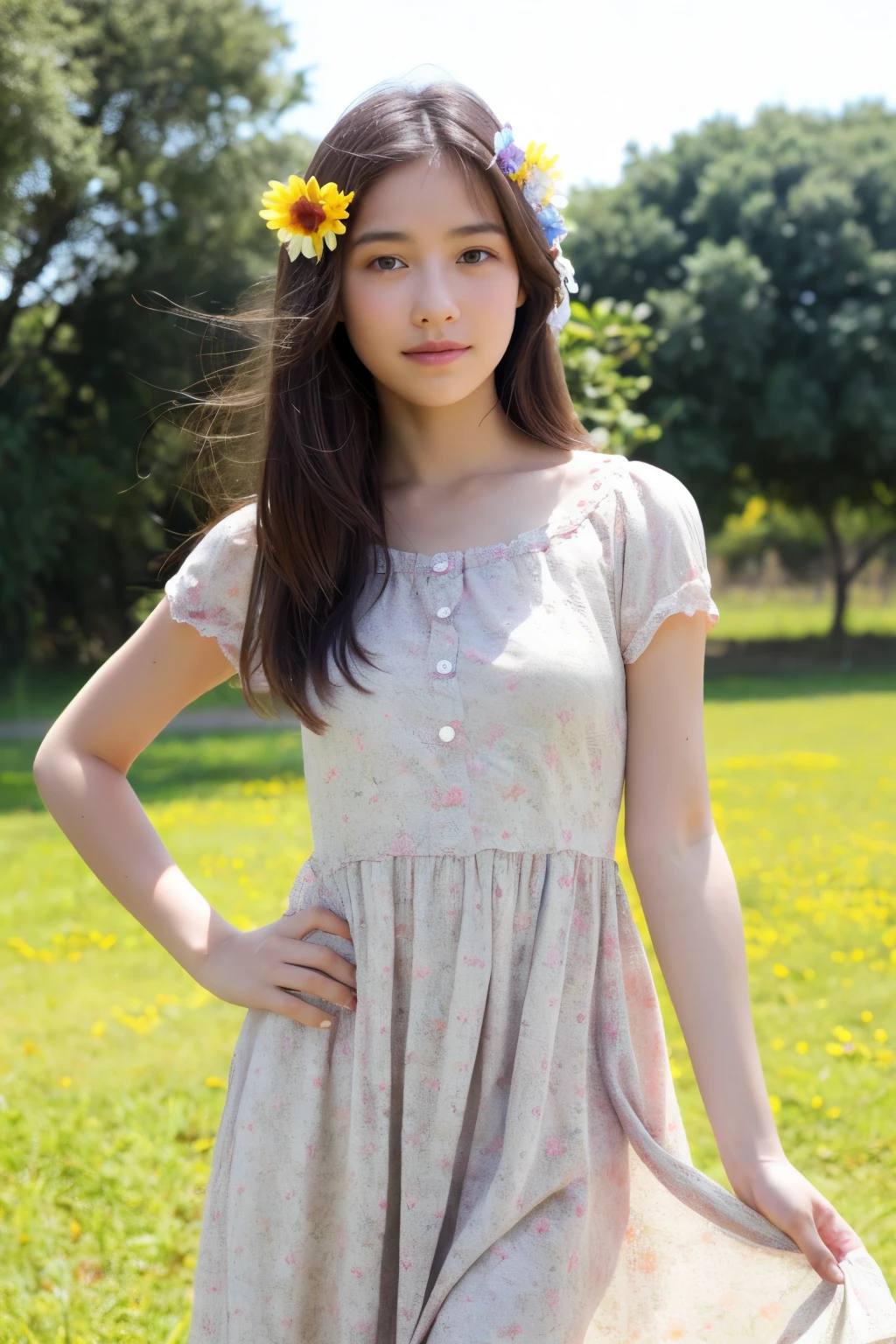 Chubby young girl picking flowers in a field 