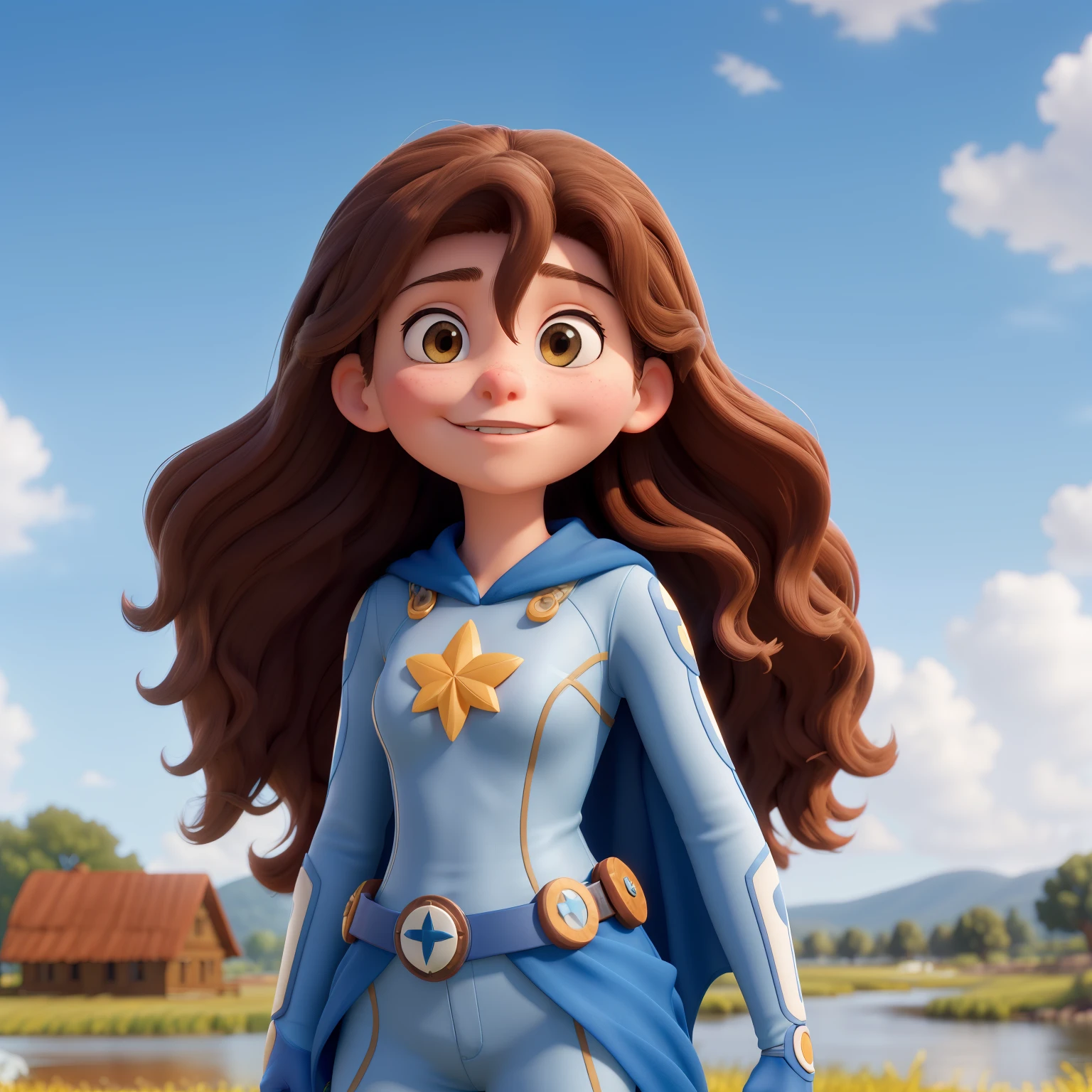 In the serene expanse of the sky, a teenage superhero girl with long, flowing brown locks stands determined against the backdrop of a tranquil scene. Her face, filled with resilience, bears witness to her internal battles with PTSD. Yet, a small, reassuring smile graces her lips, intricately detailed to convey her unwavering spirit. Adorned in a super suit, embellished with minute hospital icons, she proudly showcases her healing power and unyielding dedication to serving others.

Hovering effortlessly above her, her radiant blue cape billows gracefully in the gentle breeze. The delicate fabric trails behind her, leaving a