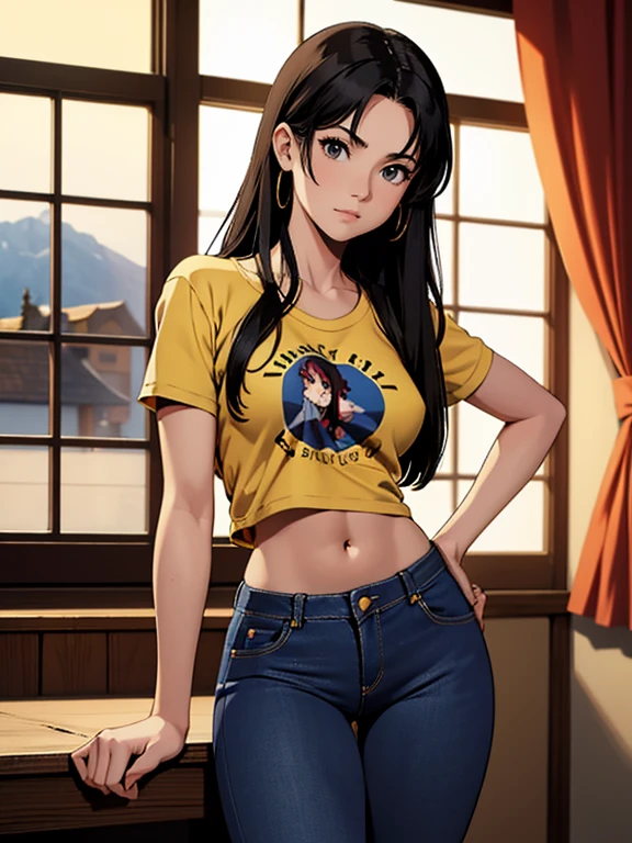 NSFW,1 mujer, atuendo: Camiseta sin mangas, (((tapa amarilla))), (((Jeans cortos))), ojos negros, cabello purpura, pelo medio, constituir, collar, alto, Cuerpo delgado, Misato Katsuragi (CON), (((Misato Katsuragi))), adentro, sala de estar, (((Vista frontal))), mirando al espectador, bonitos muslos, cara perfectamente detallada, manos y dedos perfectamente detallados, Obra maestra 1.1, tendencia en artstation, calidad pixiv, (((arte de cjin))), intrincadamente detallado, ultra gráfica, nsfw version, (((mqmf 1.1))),