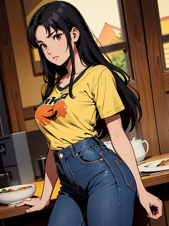 NSFW,1 mujer, atuendo: Camiseta sin mangas, (((tapa amarilla))), (((Jeans cortos))), ojos negros, cabello purpura, pelo medio, constituir, collar, alto, Cuerpo delgado, Misato Katsuragi (CON), (((Misato Katsuragi))), adentro, sala de estar, (((Vista frontal))), mirando al espectador, bonitos muslos, cara perfectamente detallada, manos y dedos perfectamente detallados, Obra maestra 1.1, tendencia en artstation, calidad pixiv, (((arte de cjin))), intrincadamente detallado, ultra gráfica, nsfw version, (((mqmf 1.1))),