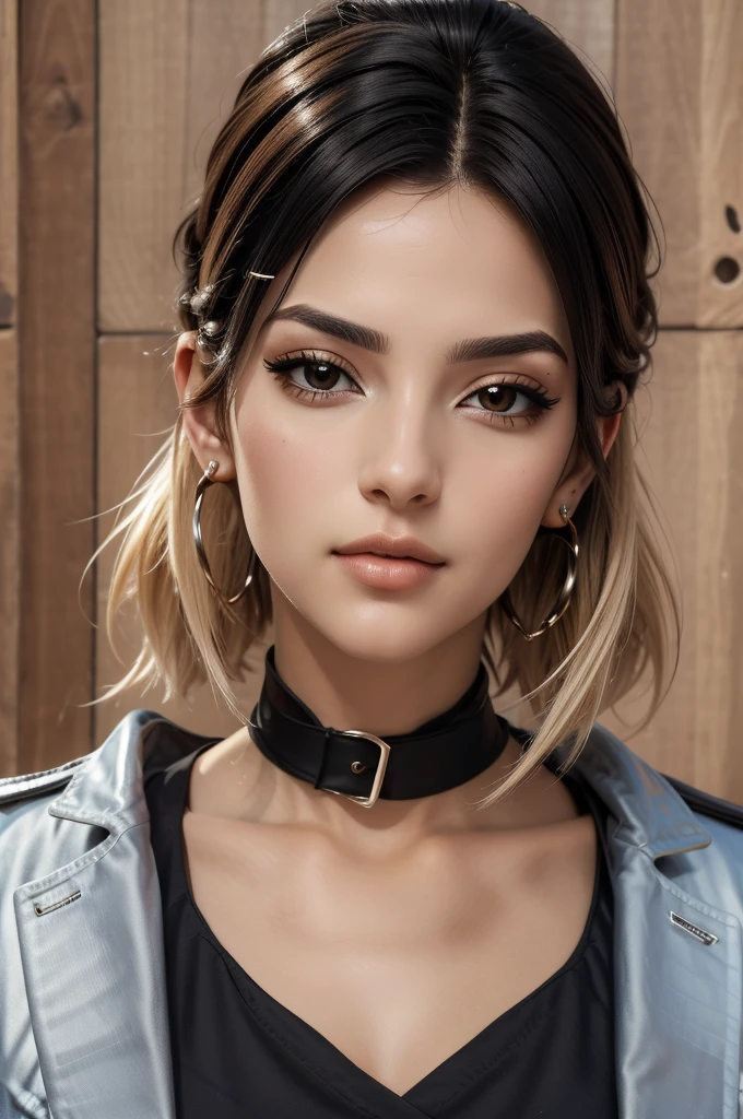 (Melhor qualidade,4K,8k,high resolution,obra de arte:1.2),ultra-detalhado,(realista,photorealista,photo-realista:1.37),Estilo DigiArt,olhando para o espectador,corpo todo,arte digital,1 garota,Sozinho,cabelo longo e encaracolado,cabelo preto,olhos azuis,brincos,fleshy lips,eyelash,inventar, roupas de couro