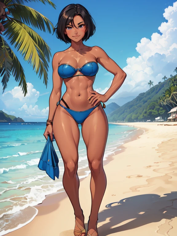 8K, RAW, best quality, masterpiece, ultra high res, colorful, extremely detailed eyes and face, beautiful detailed eyes, 1girl, solo, (26 year old:1.3), (Filipino Woman:1.3), (tanned bronze skin:1.03), (short black hair:1.3), (Amber eyes:1.2), (Detailed face:0.97, (Detailed eyes:1.09), (tanned bronze skin:1.08), (Wearing: Strapless Blue bikini bra, Blue Bikini bottom:1.2), (agile physique1.05), (Character Focus),Perfect Anatomy,(Professional Lighting), Looking at Viewer,(Walking), (Smiling),blush,(super detailed skin), dynamic pose, (Background: outdoors, beach of the Philippines), full body,