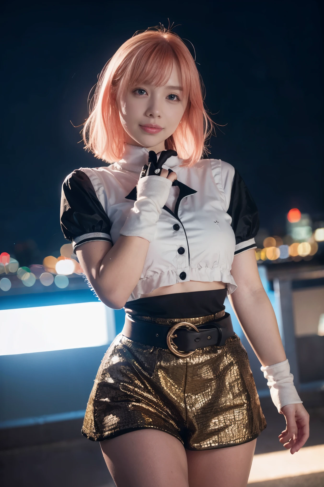 1girl,cowboy shot, beautiful nora_valkyrie, looking at viewer, smile, short hair, blue eyes,heart cutout, gloves,  jacket, pink skirt, pink belt, short sleeves, puffy sleeves, single armband, fingerless gloves, orange hair, pink gloves, dynamic pose, night, outdoors, city, (volumetric lighting), best quality, masterpiece, intricate details, tonemapping, sharp focus, hyper detailed, trending on Artstation,