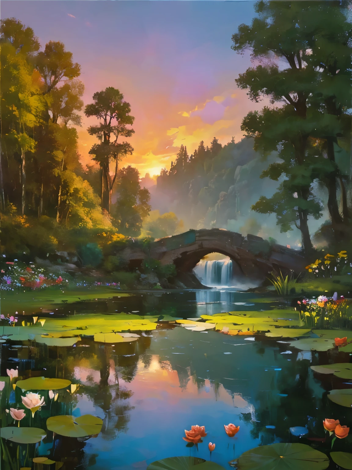 There is a large waterfall in the middle of a mountain, country cabin, sunset, dark sky with red sunset clouds, fog in the forest, waterfall flows into a pond, pond with a garden, flowers and water lilies in a pond, rock bridge, epic landscape, art oil painting, watercolor art, lantern in the pond, ancient city blurred on mountain in the distance, fantasy, trend in artstation, trend in CGSociety, intricate, high detail, dramatic, art mid-journey, tall aguafall, painting of a river with rocks and trees in the foreground, near a river, landscape, jungle, aguafall, crystal clear water, colorful, river with rocks, rock bridge, epic, Fantasy, ((roses and flowers on the banks of the pond)), ((Painting) oil)), ((rock bridge))