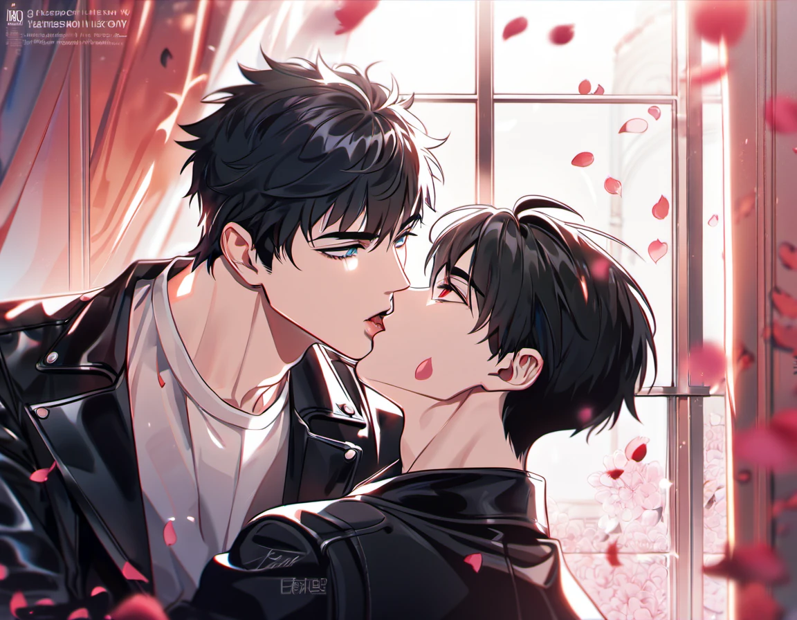 absurdres, highres, ultra detailed, HDR, masterpiece, Sung Jin Woo, black hair, epressive blue eyes, Solo Leveling, Ren Zotto, vtuber, black hair, expressive red eyes, 2men kissing, gay couple, handsome, black leather jacket, white shirt, window, curtains, petals