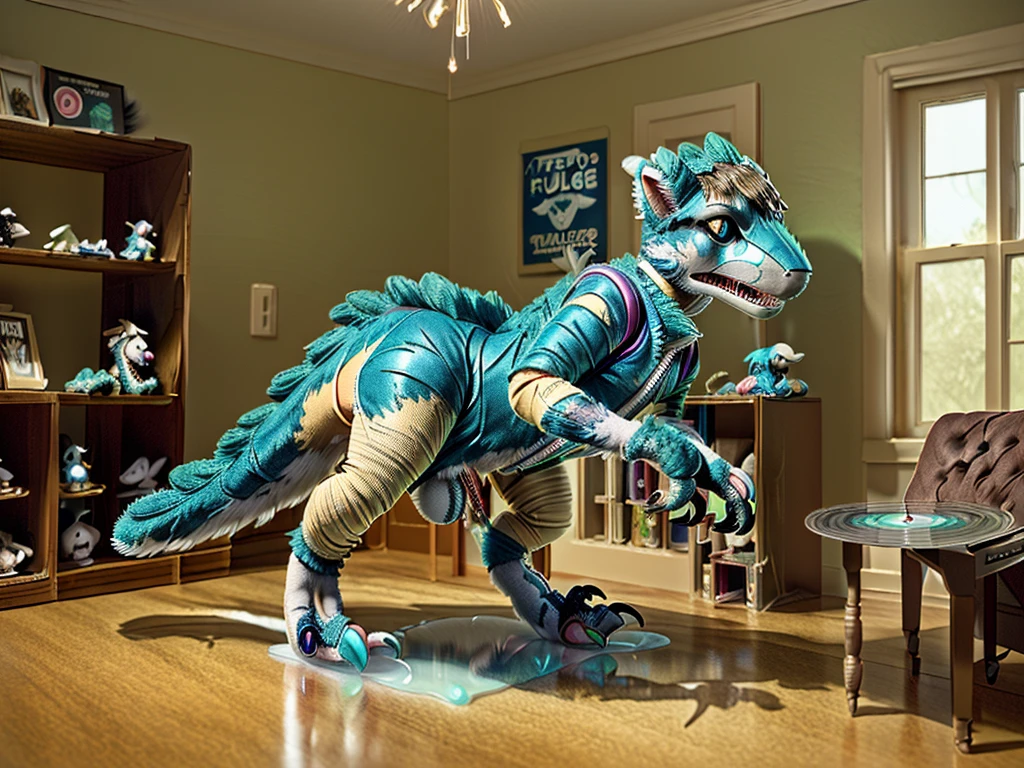 Ultra high resolution, best quality, masterpiece, (human magic costume fusion figurine transformation art:1.7), (mid transformation, a shrunken tiny terrified male college student human deinonychus raptor fursuit posable resin action figure figurine toy hybrid:1.6), (shrunken, tiny, toy's perspective), (inside giant bedroom:2), (wearing and fusing with vinyl feathered deinonychus raptor costume fursuit:1.8), (part human, part feathered deinonychus fursuit, part resin deinonychus figurine toy, partial hybridization:1.9), the costume vinyl fabric fuses to your skin and morphs into plastic resin:, (the fursuit costume zipper melds and assimilates into your new figurine body:1.6), Toy Story toy transformation, half human, photorealistic, partial feralization, dynamic lighting, NSFW