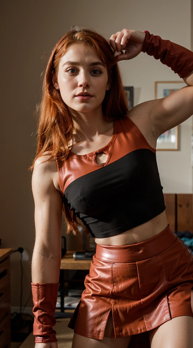 Photo of Blossom as a superheroine, redhaired, skirt, midriff, boots, toned arms, abs, tall and sexy, powerful, superb face, perfect body, tall, happy, beautiful