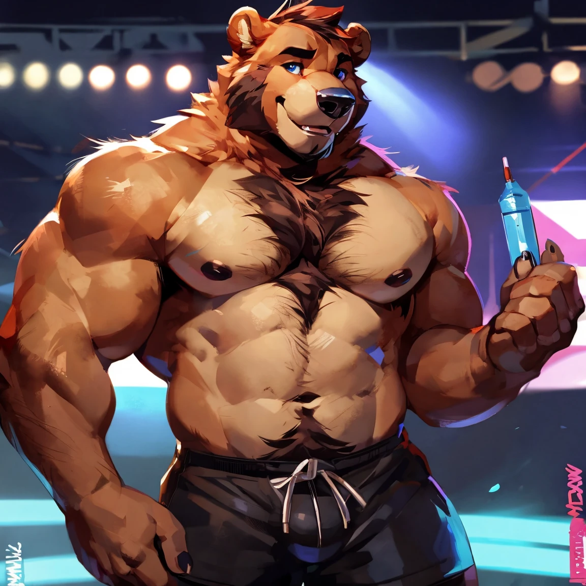 Medium muscular, brown bear, eyes, perfect eyes, shirtless, male chest, hairy chest, in black shorts, By mystikfox61