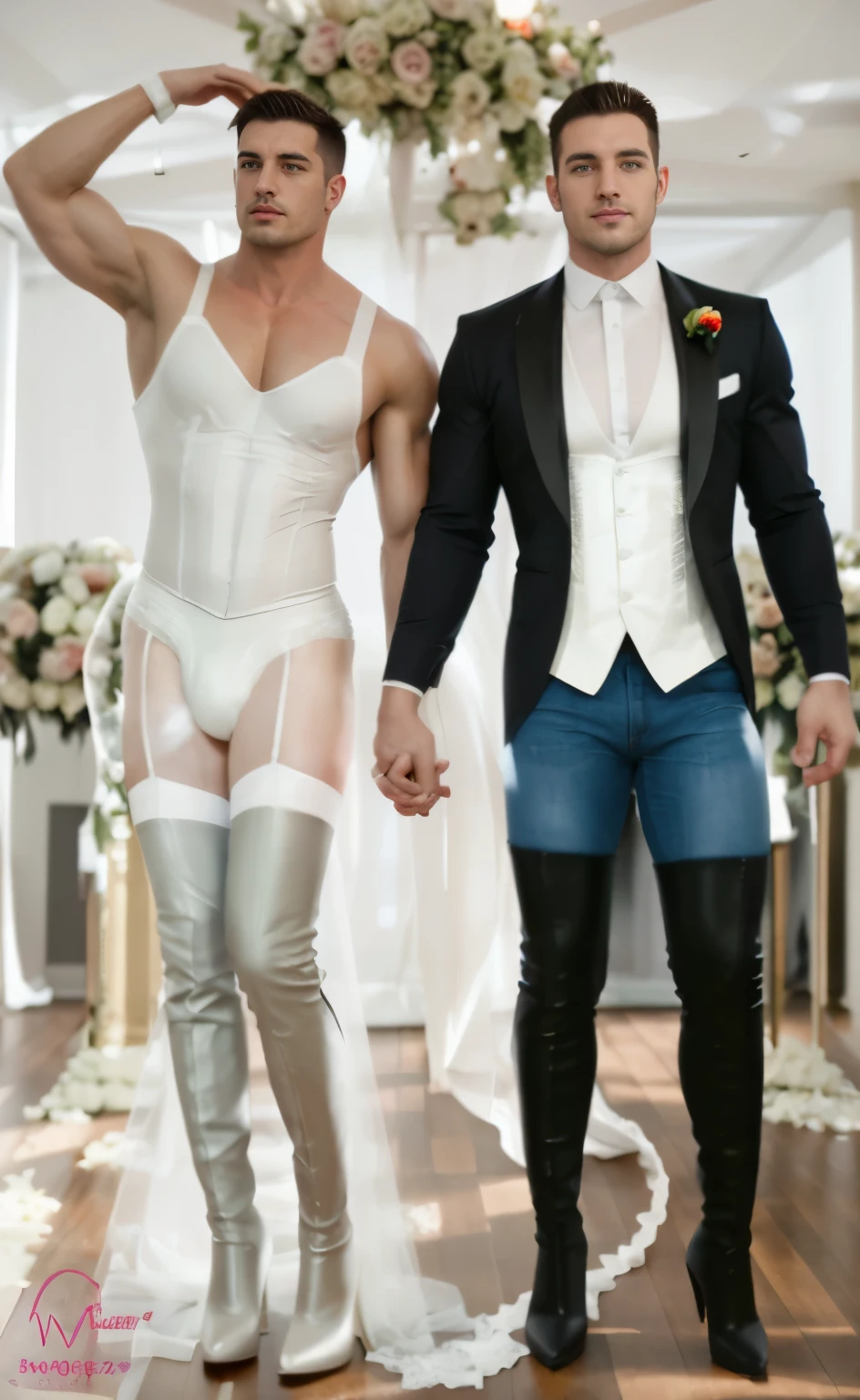 Two Muscular masculine men with very short hair, getting married one in stockings, padded bra,high heels in white , the other like a groom in jeans and leg high boots