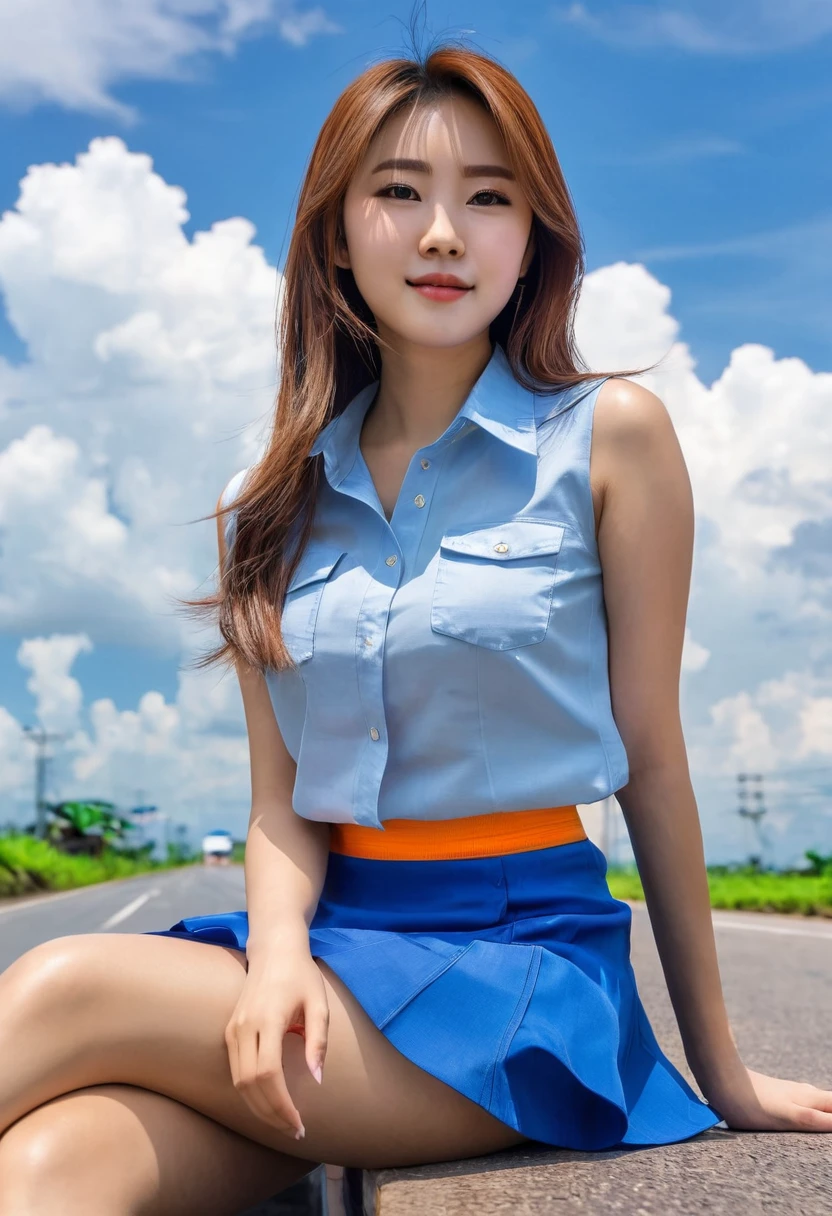 1asiangirl, thailandgirl,solo, long hair, looking at viewer, skirt, brown hair, shirt, sitting, outdoors, sky, sleeveless, day, cloud, blue sky, blue skirt, ground vehicle, motor vehicle, realistic, road, orange shirt
