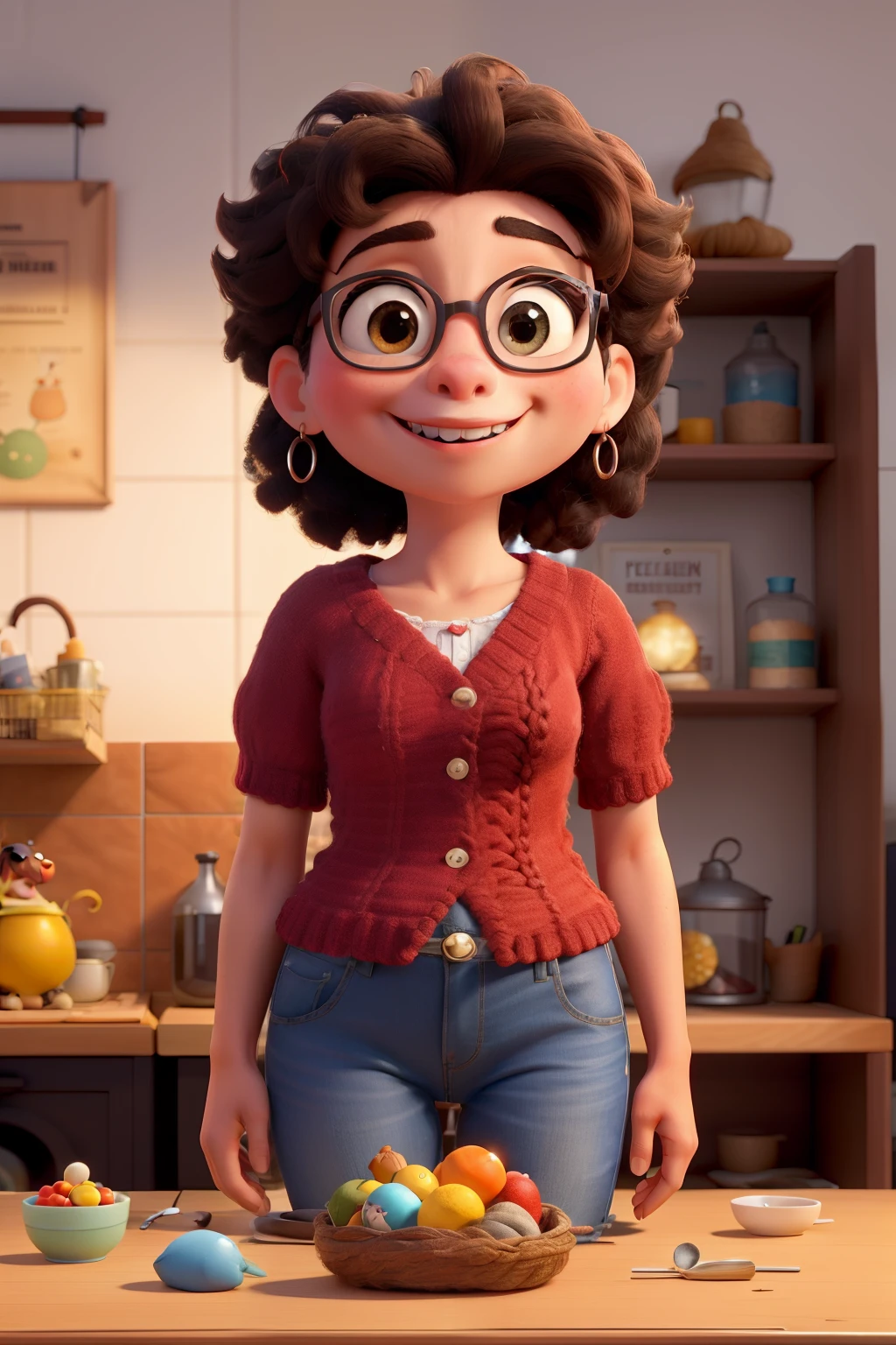 Make a Pixar:
uma linda de 18 anos , gordinha, cabelos cacheados pretos, de pele escura, sorrindo alegremente com seu rosto feliz e iluminado pelo claridade do dia, olhando para frente, com grandes olhos negros, vestindo uma puxada para o vermelho.
A beautiful glass counter containing several amigurumis, a esta fazendk um amigurumi.
Amigurumis inside the counter: various types of amigurumis, content a mean bee, an average dinosaur, a medium koala and a medium fox On the counter there are several rows of different colors all in tones that match red This is a beautiful room, harmonious and full of grace, com tons claros de vinho e branco, combinando perfeitamente com o ambiente lindo e iluminado. Features beautiful crochet equipment and utensils in colors that match the store'tons nas bancadas.
This image shows a person working on a creation, cercada por uma variedade de amkgurumis, highlighting the everyday scenario of joy and receptivity.