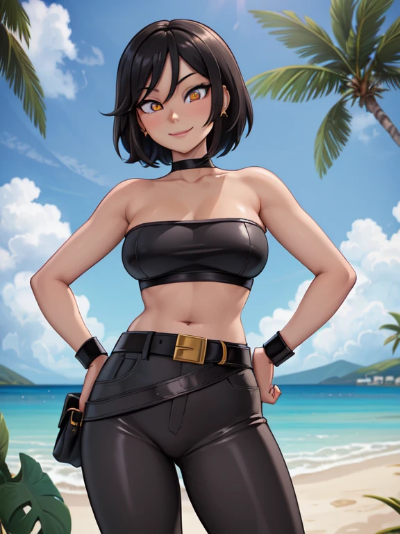 (masterpiece, 4k, high quality, colorful, super detailed eyes and face:1.2), 1girl, solo, Filipino woman, 26 years old, tanned bronze skin, short black hair, hair between eyes, amber eyes, (Wearing: Strapless Black tube top, black leather pants, white belt, bracelets:1.2), smile, looking at viewer, she's looking into the camera with a carefree smile and alluring gaze. (Background: outdoors, summer, village, morning, tropical, palm trees), hands on hips, upper body, masterpiece, best quality, very aesthetic
