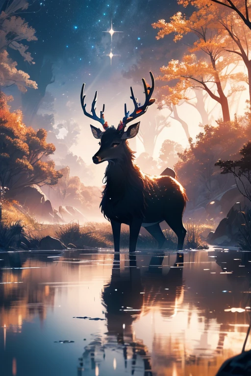 a deer with colored crystals in its horns, river, reflection, muss, beautiful horns, four paws, intricate, amazing view, mysterous, deer in the edge of a river, dark fantasy style, surreal, (Delicate images), (Highly detailed), (high resolution), (Best quality), (masterpiece)