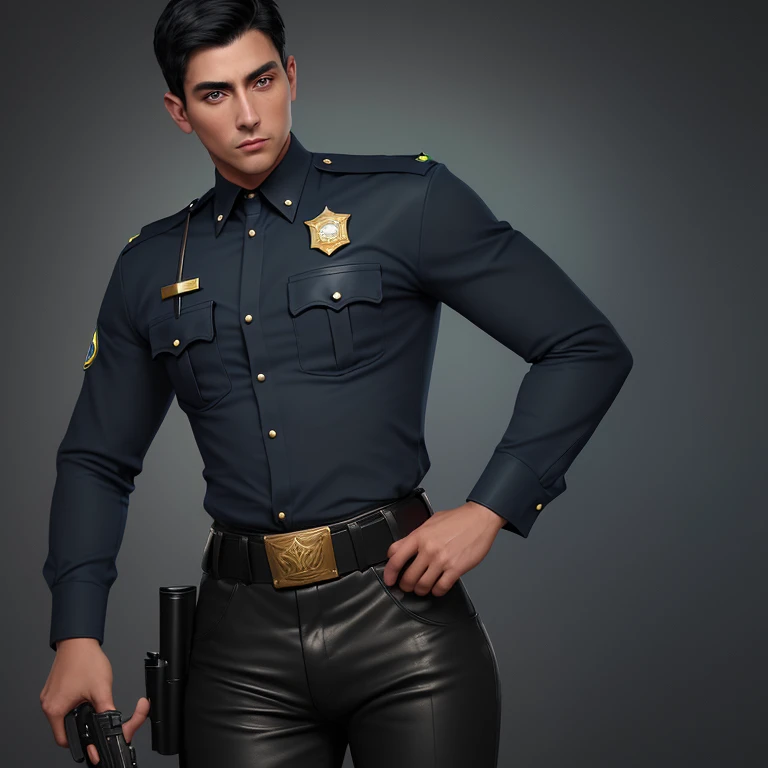 Young man 30 years old police officer dark blue uniform black pants gold badge short black hair green eyes waist brown leather skin Latin with a belt with a gun build slim muscular