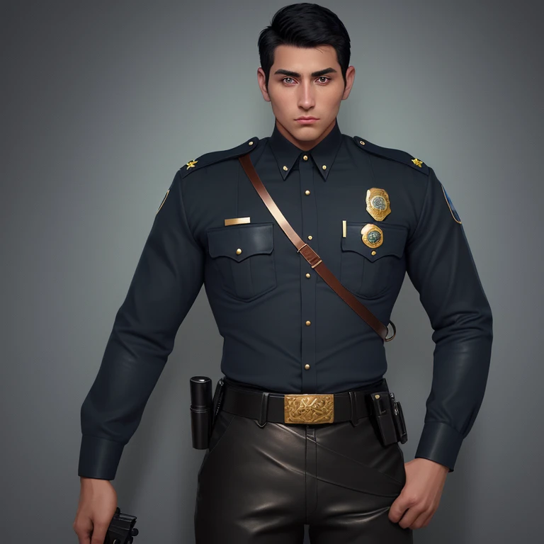 Young man 30 years old police officer dark blue uniform black pants gold badge short black hair green eyes waist brown leather skin Latin with a belt with a gun build slim muscular 