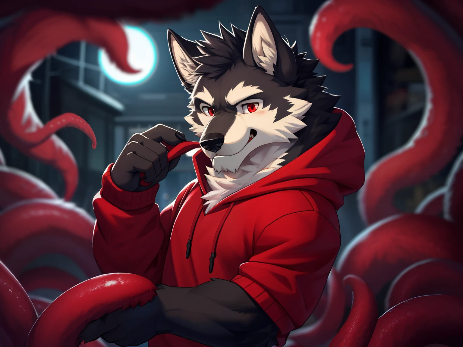 Furries,wolves,
detailed eye,super meticulous,Fine fur texture,CG。red pupils,tentaculata,Sweatshirt