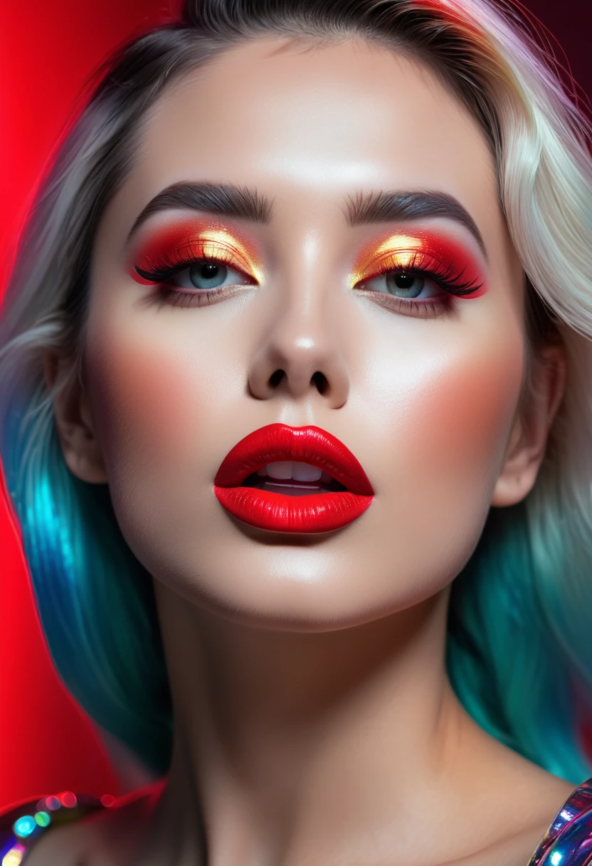 fantasic nature, ultra detail, ultra realism, hyper realistic, 90s, furrowed, vibrant holographic gradient, adventurecore, argon flash, photopainting, femme fatale, red lips, Professional Photography, Award Winning Photoshoot, Hyper-Realistic, Canon 1DX Mark III, 35mm, f/8