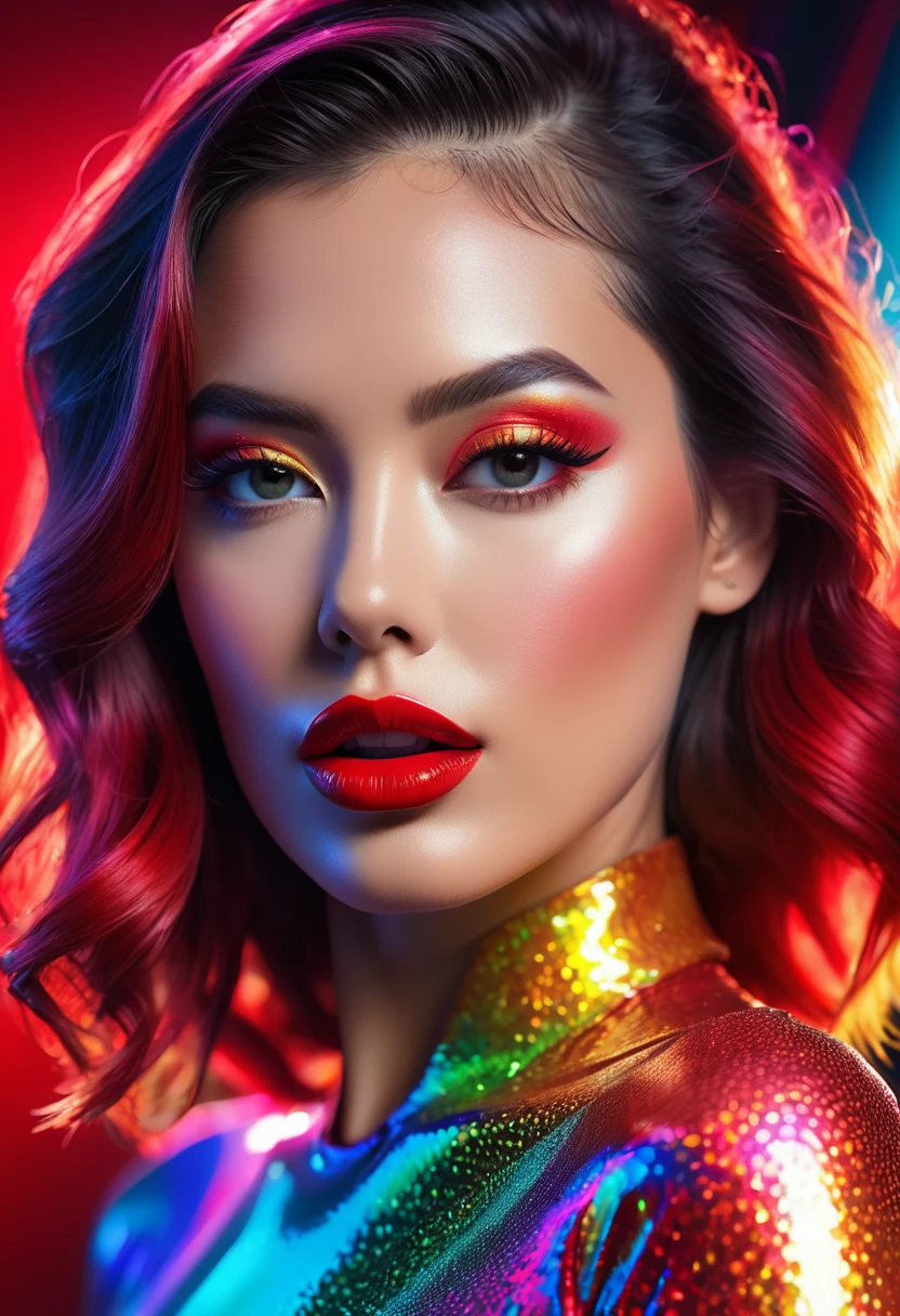 fantasic nature, ultra detail, ultra realism, hyper realistic, 90s, furrowed, vibrant holographic gradient, adventurecore, argon flash, photopainting, femme fatale, red lips, Professional Photography, Award Winning Photoshoot, Hyper-Realistic, Canon 1DX Mark III, 35mm, f/8