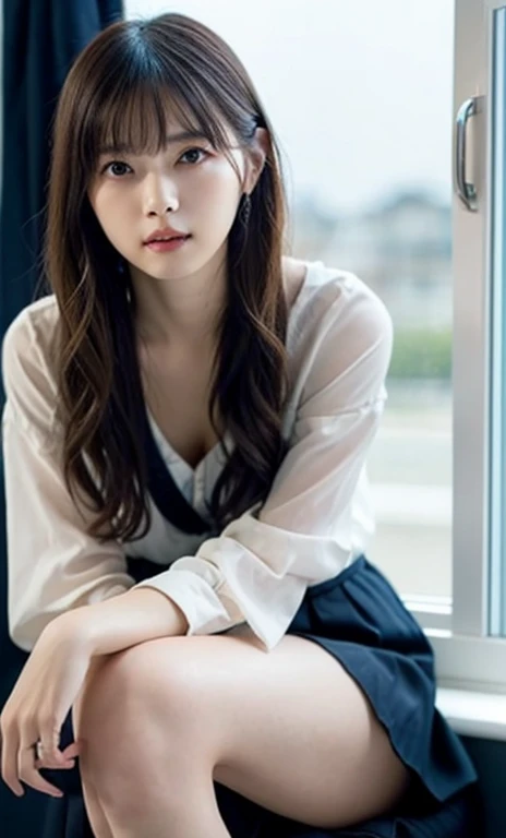 masterpiece、highest quality、16K、soft light、professional lighting、Pale shading、Weak contrast、Japanese、beautiful girl、daytime office、Window seat、sitting in front of the computer、A tight see-through blouse that clings to the breasts、navy pleated skirt、micro mooth and beautiful thighs:1.6)、(small breast:1.0)、Faint cleavage、fine and beautiful eyes、(cute hanging eyes)、(thin eyebrows)、(thin lips)、gentle smile、(long wavy hair、high ponytail),(The bangs are see-through bangs)、