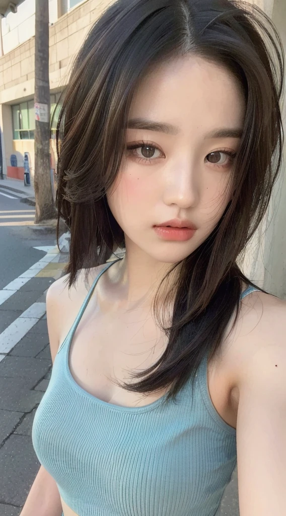 ((Best quality, 8k, Masterpiece :1.3)), Sharp focus: 1.2, Perfect Body Beauty: 1.4, Slim Abs: 1.2, ((Layered hairstyle: 1.2)), (Tank top shirt:1.1), (Street: 1.2), Highly detailed face and skin texture, Fine eyes, Double eyelids