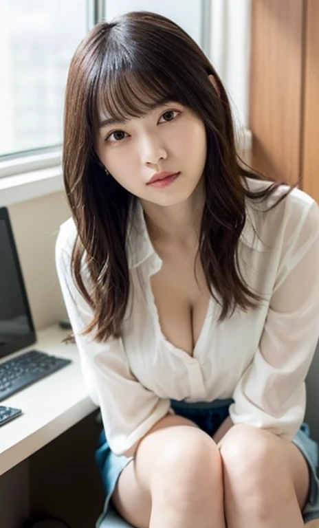masterpiece、highest quality、16K、soft light、professional lighting、Pale shading、Weak contrast、Japanese、beautiful girl、daytime office、Window seat、sitting in front of the computer、A loose white see-through blouse、The skin is visible through the fabric、Pale pastel color pleated skirt、micro mooth and beautiful thighs:1.6）、(big breasts:1.2)、Faint cleavage、fine and beautiful eyes、（cute hanging eyes）、（thin eyebrows）、（thin lips）、gentle smile、(long wavy hair),(The bangs are see-through bangs)、