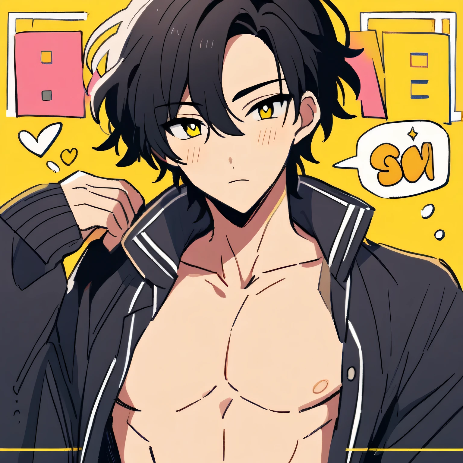A handsome guy with black hair and yellow eyes , he is so sexy