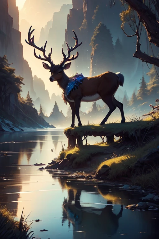 a deer with colored crystals in its horns, river, reflection, muss, beautiful horns, four paws, intricate, amazing view, mysterous, deer in the edge of a river, dark fantasy style, surreal, (Delicate images), (Highly detailed), (high resolution), (Best quality), (masterpiece)