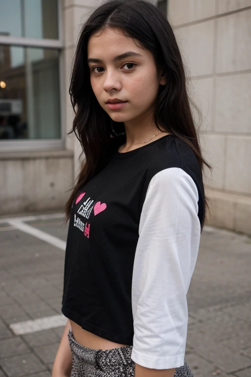 a 13 year old girl with straight black hair wearing a black t-shirt with red striped sleeves