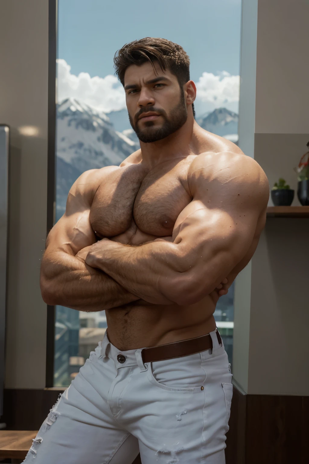 an illustration of hulk, a Greek god with a muscular build and a short, neat beard............., nalgon, designed in modern western attire.............  El escenario es una ciudad cosmopolita............, evoking a classic cold atmosphere, sin dejar de mantener el aura poderosa y regia del dios.   white jeans