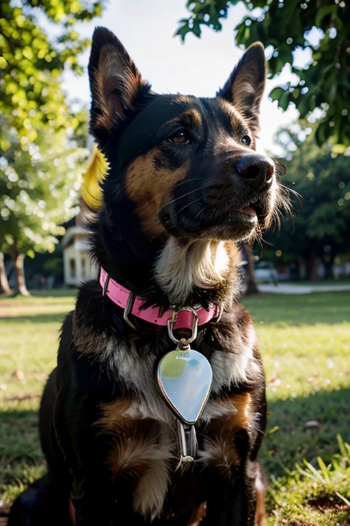 A playful dog with a stylish collar, with a technological shine. The device is highlighted on the dog's neck, con luces indicadoras de actividad. Al fondo, a sunny park with trees.