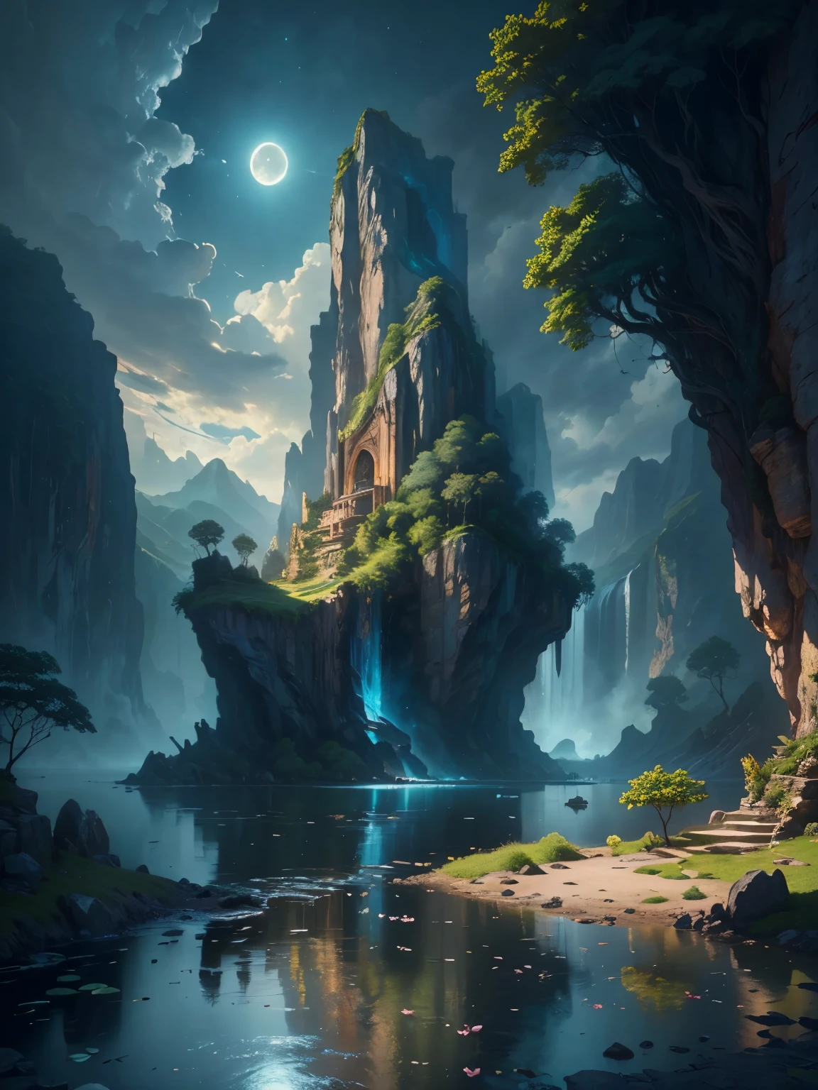 there is a large waterfall in the middle of a mountain, ancient city, epic matte painting of an island, the lost city of atlantis, an aztec city in a island lake, ancient city landscape, lost city of atlantis, marc simonetti. intricate, beautiful concept art, stunning concept art, highly realistic concept art, art style of marc simonetti, (((masterpiece))), best quality, high quality, extremely detailed CG unity 8k wallpaper, scenery, outdoors, sky, cloud, no people, mountain, landscape, water, tree, blue sky, waterfall, cliff, nature, lake, river, cloudy sky,award winning photography, Bokeh, Depth of Field, HDR, bloom, Chromatic Aberration ,Photorealistic,extremely detailed, trending on artstation, trending on CGsociety, Intricate, High Detail, dramatic, art by midjourney, tall waterfall, painting of a river with rocks and trees in the foreground, near a river, landscape, jungle, waterfall, crystal clear water, night light,((full moon)), colorful, river with rocks, rock bridge, epic, fantasy, ((roses and flowers on the banks of the pond)), ((oil painting)), moon landscape reflected in river, ((rock bridge))